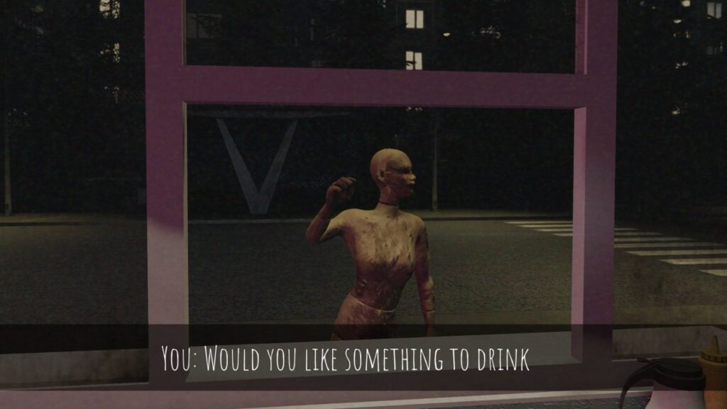 Screenshot form Scary Shawarma Kiosk: The Anomaly, showing what appears to be an animated mannequin stood at the counter of the kiosk.