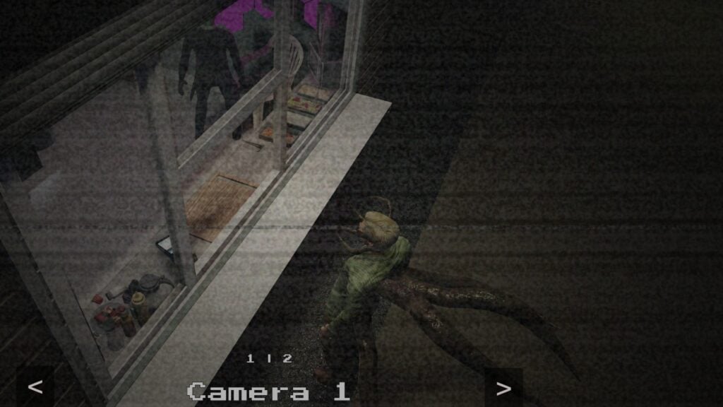 In-game screenshot showing a CCTV view of a figure standing outside the kiosk with large tentacles sprouting from their back.