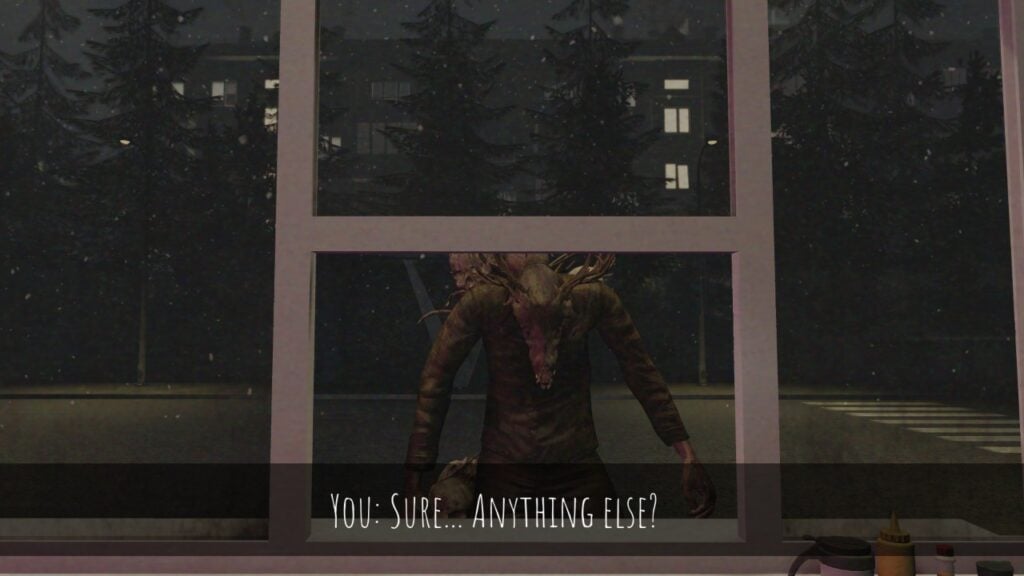 Screenshot from Scary Shawarma Kiosk showing a monster with a deer-like head standing at the counter of the kiosk.