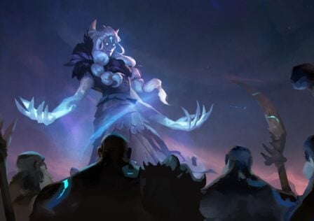 featured image for our news on Albion Online Keeper Uprising. It shows a massive female character rising up in the air, while others are looking from the ground.