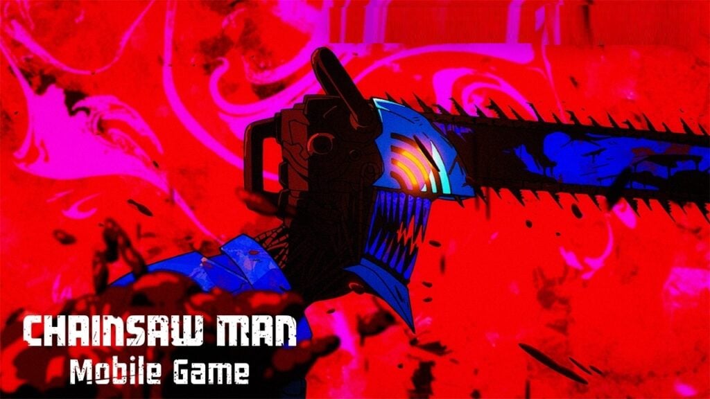 featured image for our news on Chainsaw Man mobile game. It shows an abstract image with a saw. The whole image is in bright red, pink and purple.