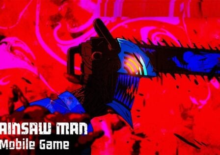 featured image for our news on Chainsaw Man mobile game. It shows an abstract image with a saw. The whole image is in bright red, pink and purple.