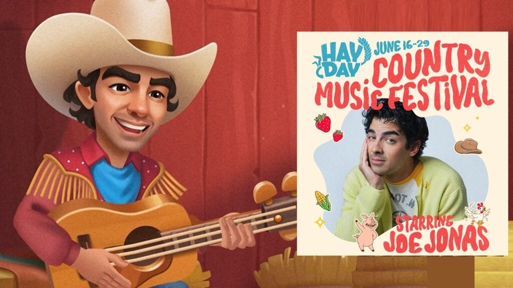 featured image for our news on Hay Day Joe Jonas. It shows Joe in both his in-game version and real-life version.