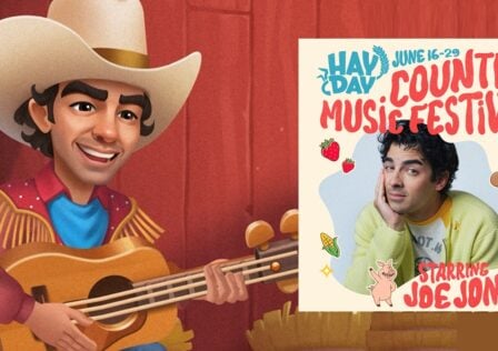 featured image for our news on Hay Day Joe Jonas. It shows Joe in both his in-game version and real-life version.