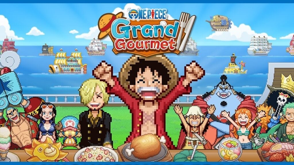 featured image for our news on ONE PIECE: Grand Gourmet. It shows a pixelated 2D picture of the main characters with different dishes and food items in front of them.