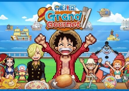 featured image for our news on ONE PIECE: Grand Gourmet. It shows a pixelated 2D picture of the main characters with different dishes and food items in front of them.