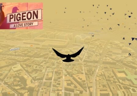 featured image for our news on Pigeon: A Love Story. It shows a pigeon flying in the sky over a city. There are other birds far away flying.