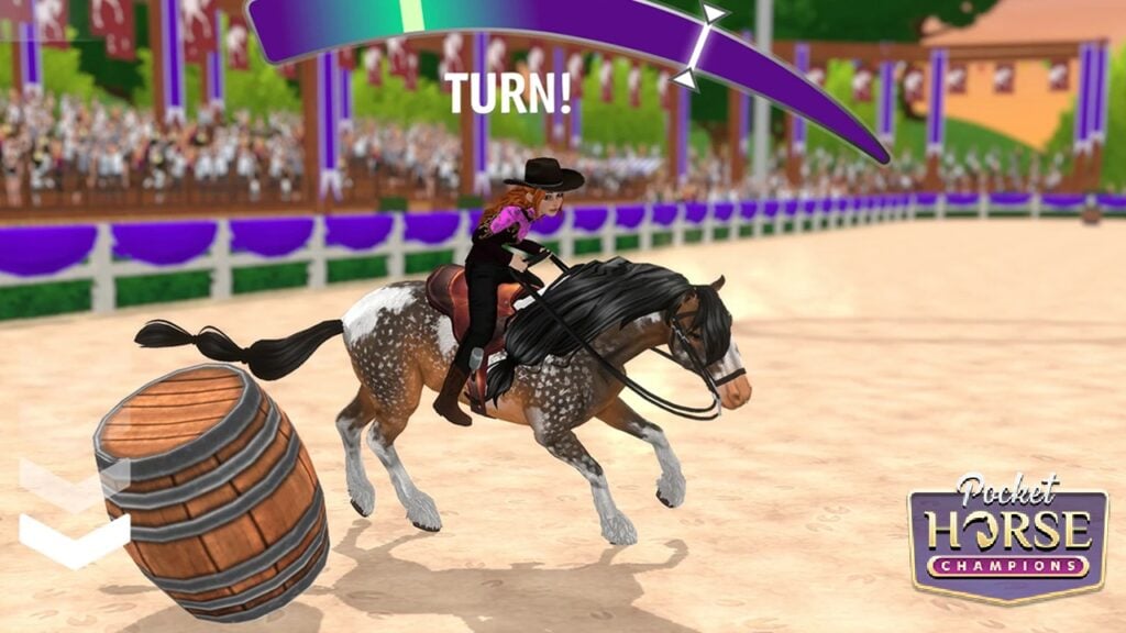 featured image for our news on Pocket Horse: Racing Champions. It shows a woman riding a horse next to a barrel. They're inside an arena and there is a bunch of spectators outside the fences.
