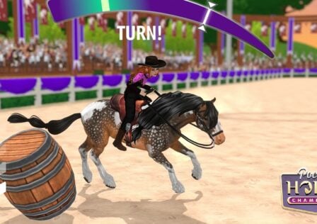 featured image for our news on Pocket Horse: Racing Champions. It shows a woman riding a horse next to a barrel. They're inside an arena and there is a bunch of spectators outside the fences.
