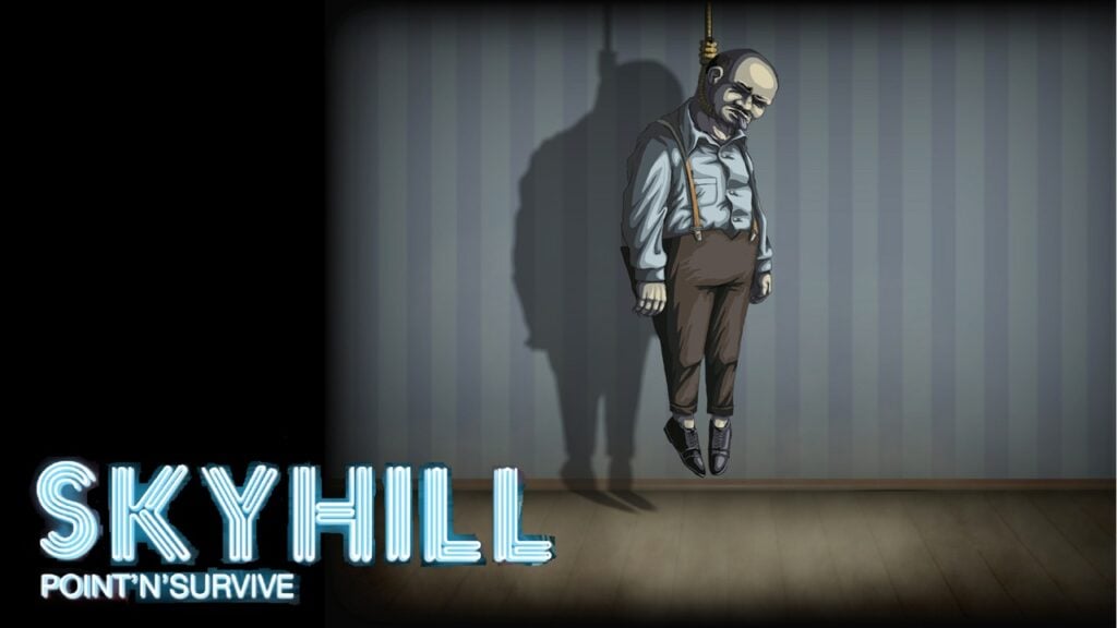 featured image for our news on SKYHILL: Hotel Survival. It shows a man hanging himself from the ceiling.