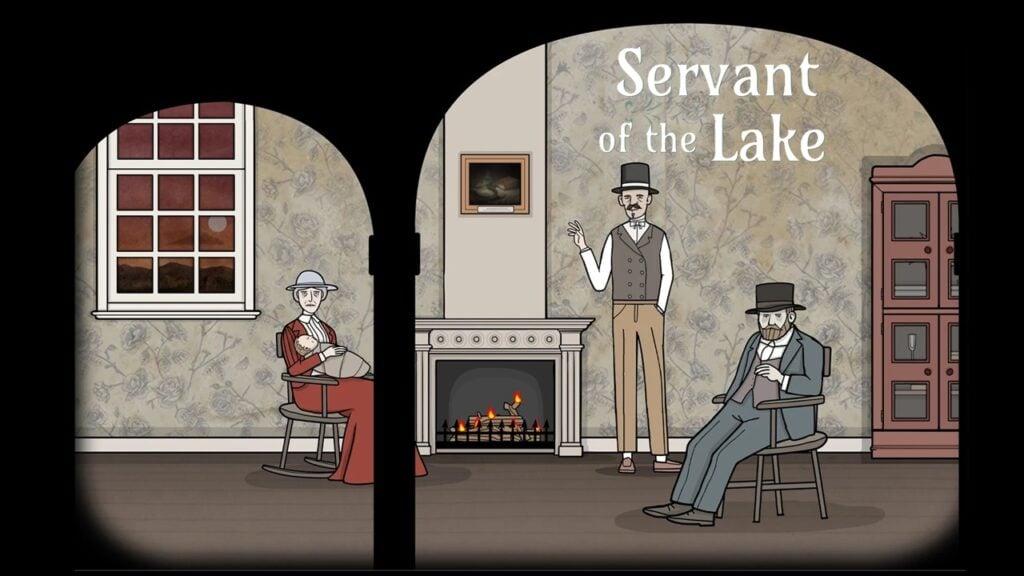 featured image for our news on Servant of the Lake. It shows two people sitting on chairs while a man, probably their butler, standing next to the fireplace.
