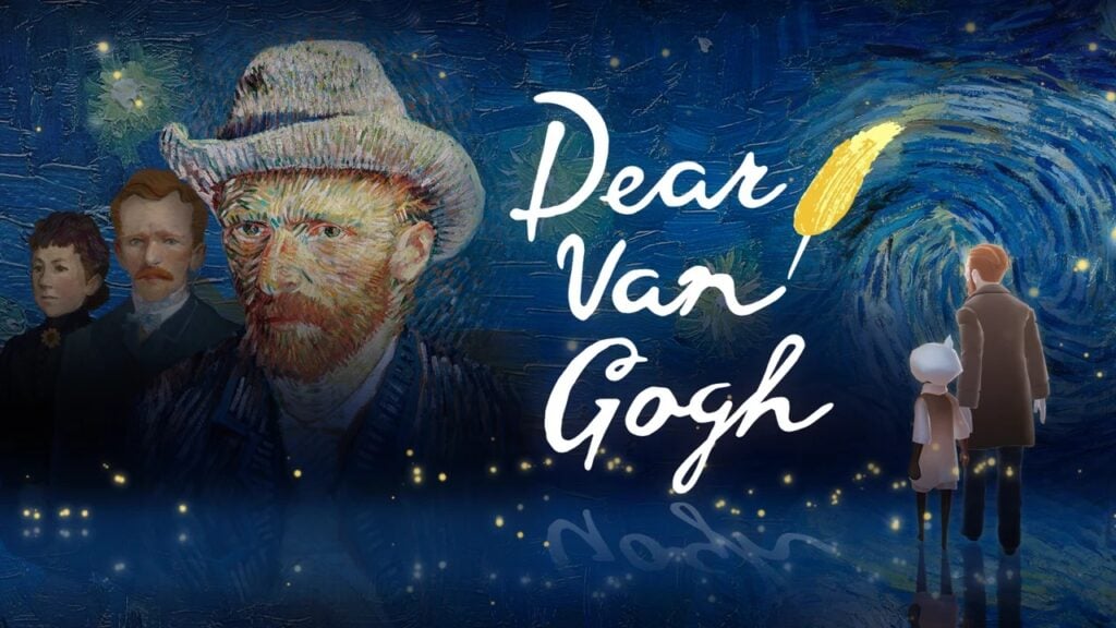 featured image for our news on Sky: Children of the Light Dear Van Gogh. It shows Van Gogh and a few Sky children. The painting is in the style of his famous painting 'The Starry Night.'