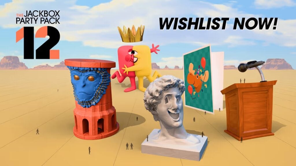 featured image for our news on The Jackbox Party Pack 12. It shows an item from each of the five new games. There's a greeting card, a podium with a mike, two bust idols and a half-and-half cartoonish character.