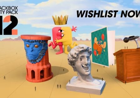 featured image for our news on The Jackbox Party Pack 12. It shows an item from each of the five new games. There's a greeting card, a podium with a mike, two bust idols and a half-and-half cartoonish character.