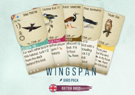 featured image for our news on Wingspan Bird Pack: British Birds. It shows five cards with different birds and their in-game stats.