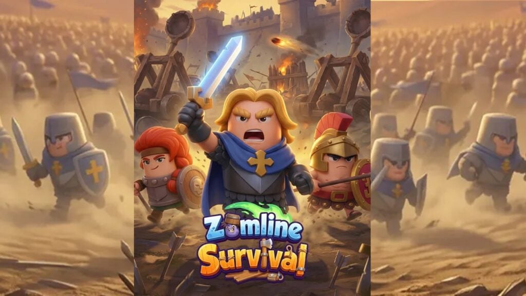 featured image for our news on Zomline Survival. It shows a stout warrior holding his sword high, while his army is standing behind him.
