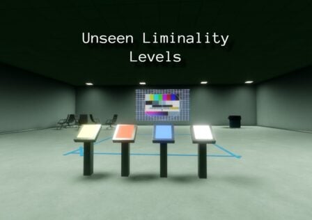 Feature image for our Unseen Liminality levels guide. It shows a screen fo the Level Select area, showing four buttons on posts, facing a large screen displaying static.