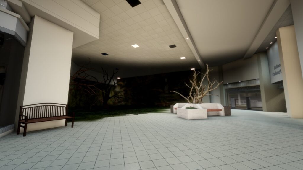 Unseen Liminality screenshot, showing a part of The Mall where a corridor turns into a forest.