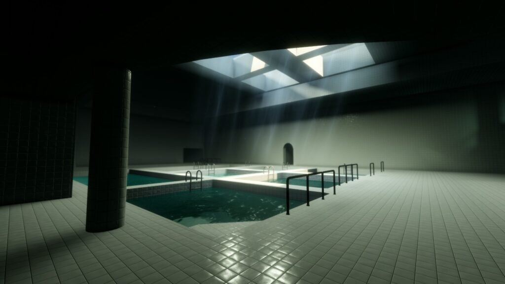 An Unseen Liminality screenshot of the PoolRooms, with a set of four small swimming pools lit by a large skylight.