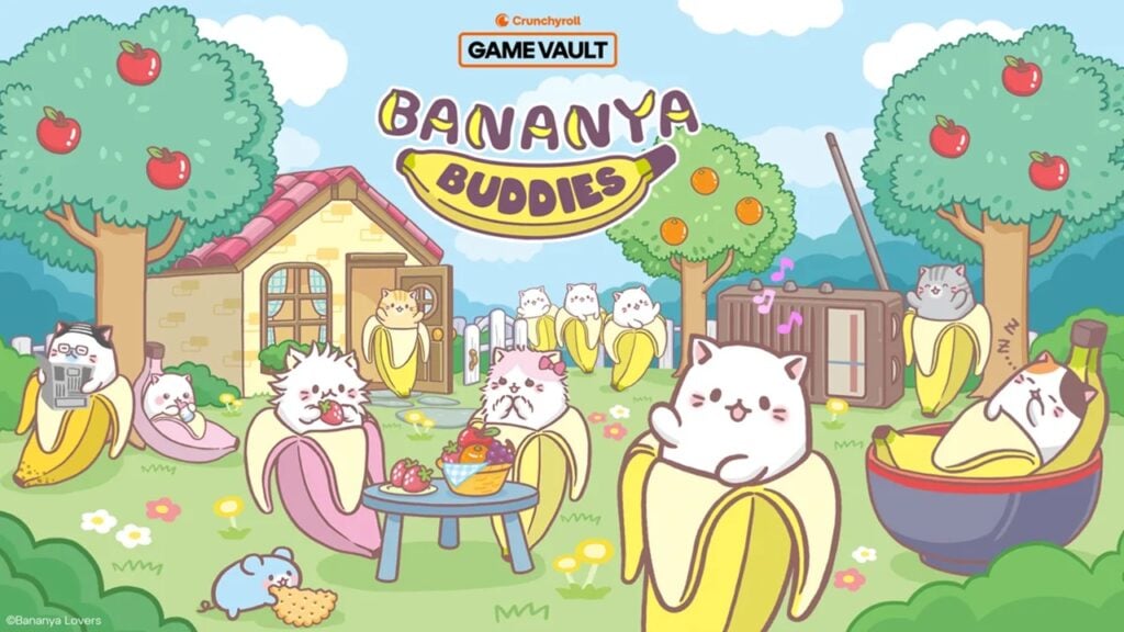 featured image for our news on Crunchyroll Bananya Buddies. It shows multiple characters from the Crunchyroll Bananya anime. They are cats inside banana peels.