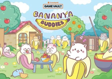 featured image for our news on Crunchyroll Bananya Buddies. It shows multiple characters from the Crunchyroll Bananya anime. They are cats inside banana peels.