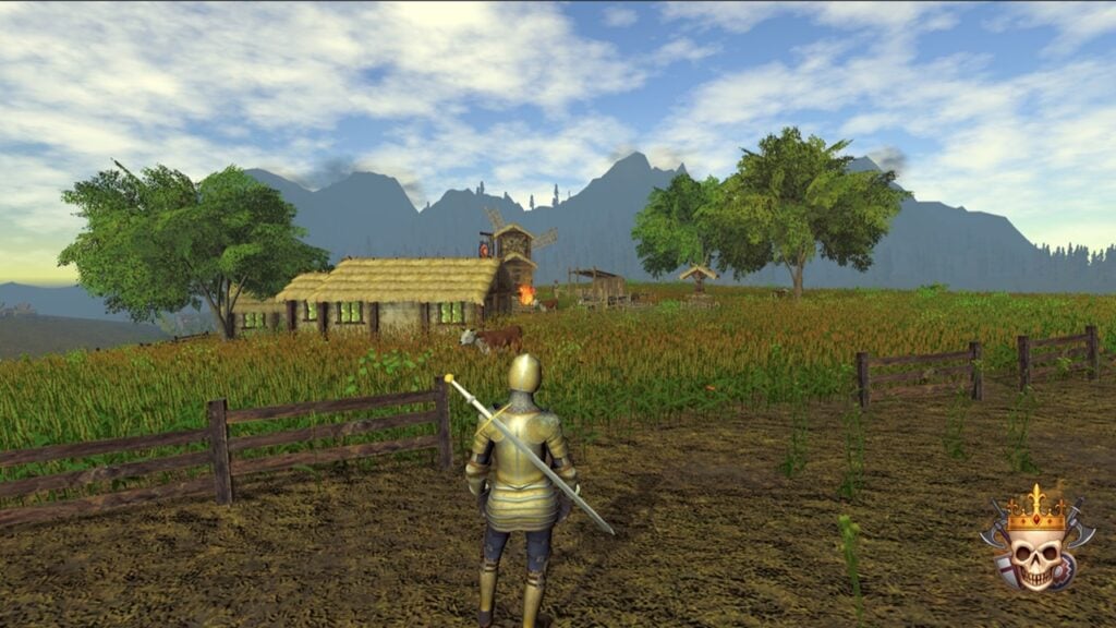 featured image for our news on Nine Crowns of Faenord. It shows a warrior in a metallic suit standing far away from a hut, which is in the midst of a massive farming land.