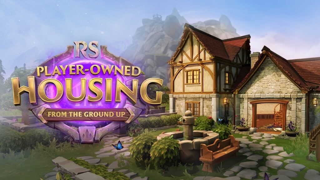 featured image for our news on RuneScape Housing update. It shows a big house with a fountain in the front.