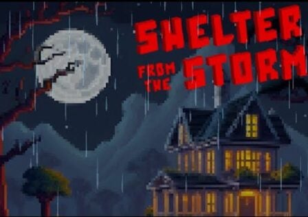featured image for our news on Shelter from the Storm. It shows a moon shining at night, There's a big house and it's raining heavily.