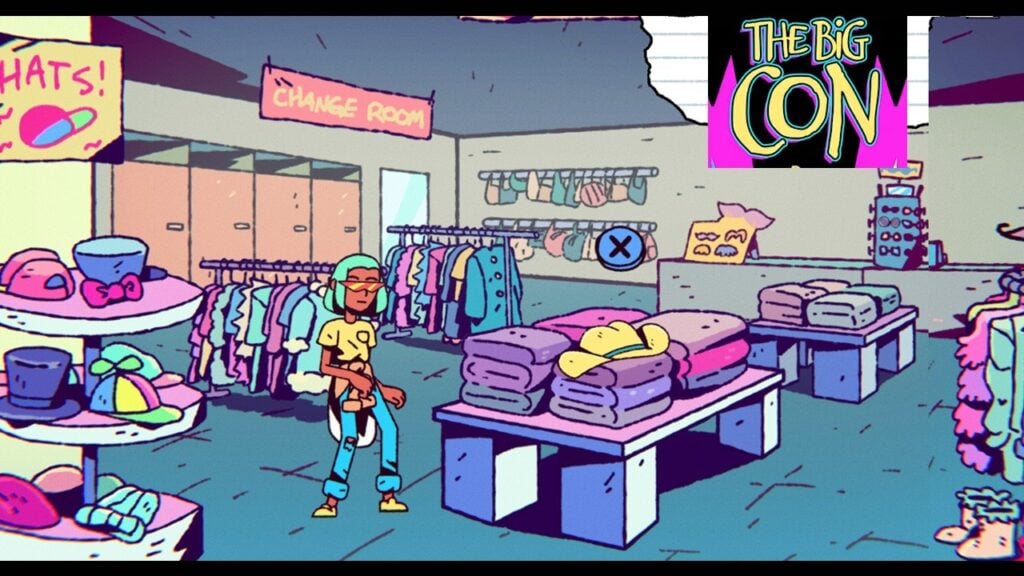 featured image for our news on The Big Con. It's a vibrant, neon 1990s Saturday morning cartoons-style image. We see a girl inside a clothing store.