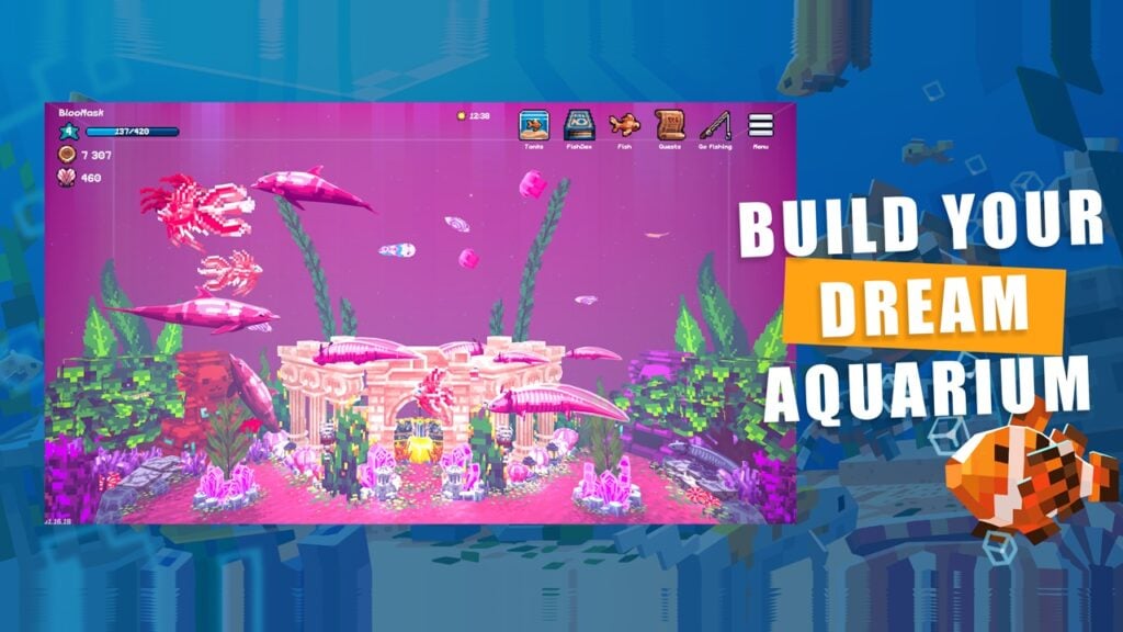 featured image for our news on Tiny Aquarium. It shows a pink aquarium with different types of aquatic animals, mostly fish.