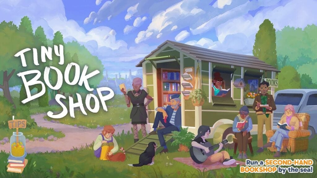 featured image for our news on Tiny Bookshop mobile. It shows a motorhome. Outside, some people are chatting with each other, one is playing with cats, one is playing her guitar, and few are reading books.