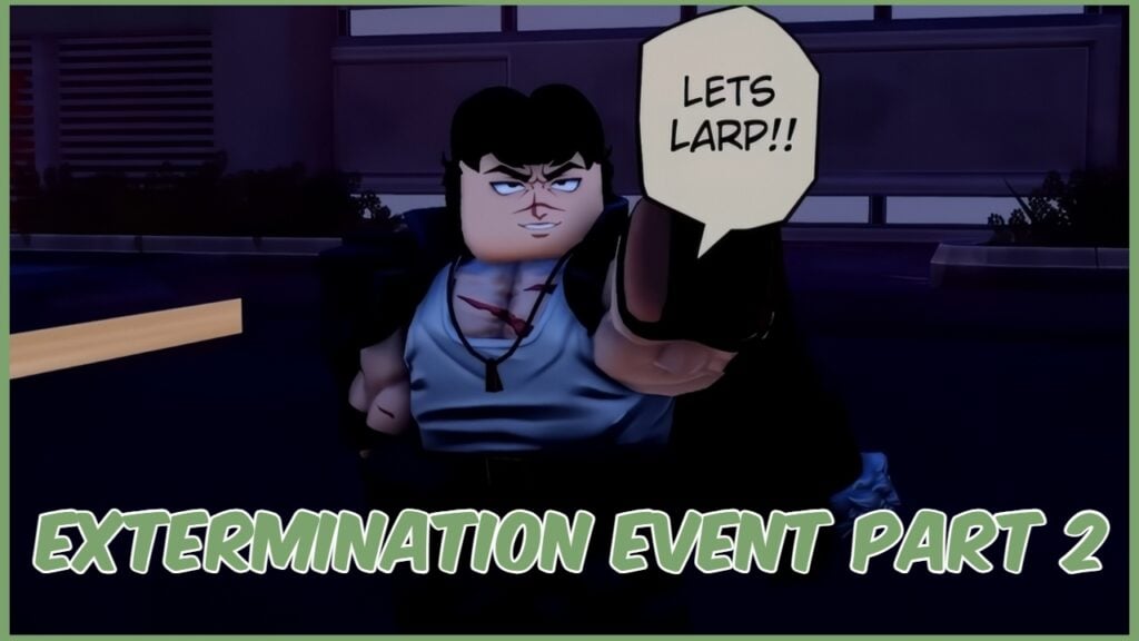 Feature image for our Anime Vanguards Extermination Event Part 2 codes guide. It shows a character with dark hair and a white tank top that shows scars on his chest. He's pointing forwards with a speech bubble that reads 'Let's LARP!'.