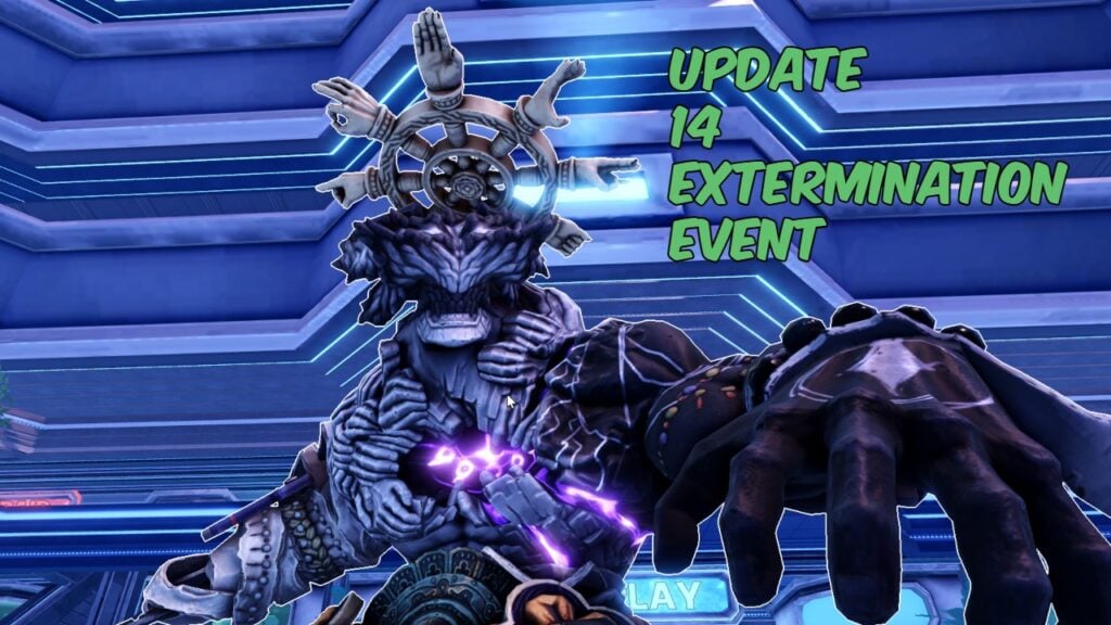 Feature image for our Anime Vanguards update 14 codes guide. It shows an in-game screen with a figure reaching toward the viewer which resembles Mahoraga from Jujutsu Kaisen, a tall muscular figure with pale skin, no eyes and a lipless mouth, a gold wheel floats over its head. One hand is extended towards the viewer.